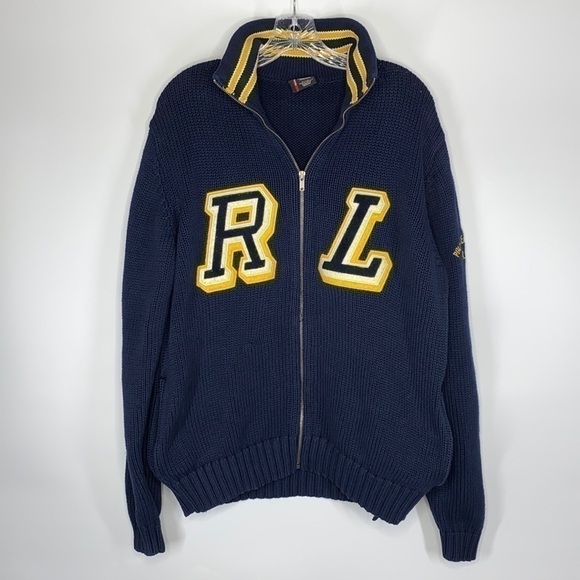Vintage Polo Ralph Lauren Navy Blue Full Zip Big Initials Sweater Size Large - Picture 1 of 7